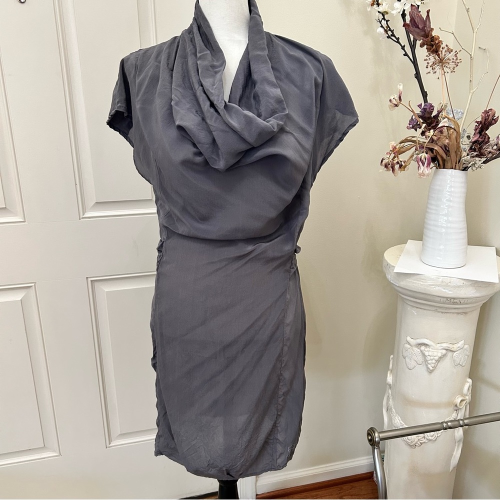 chilli couture asymmetrical cowl waterfall charcoal grey silk dress cool light